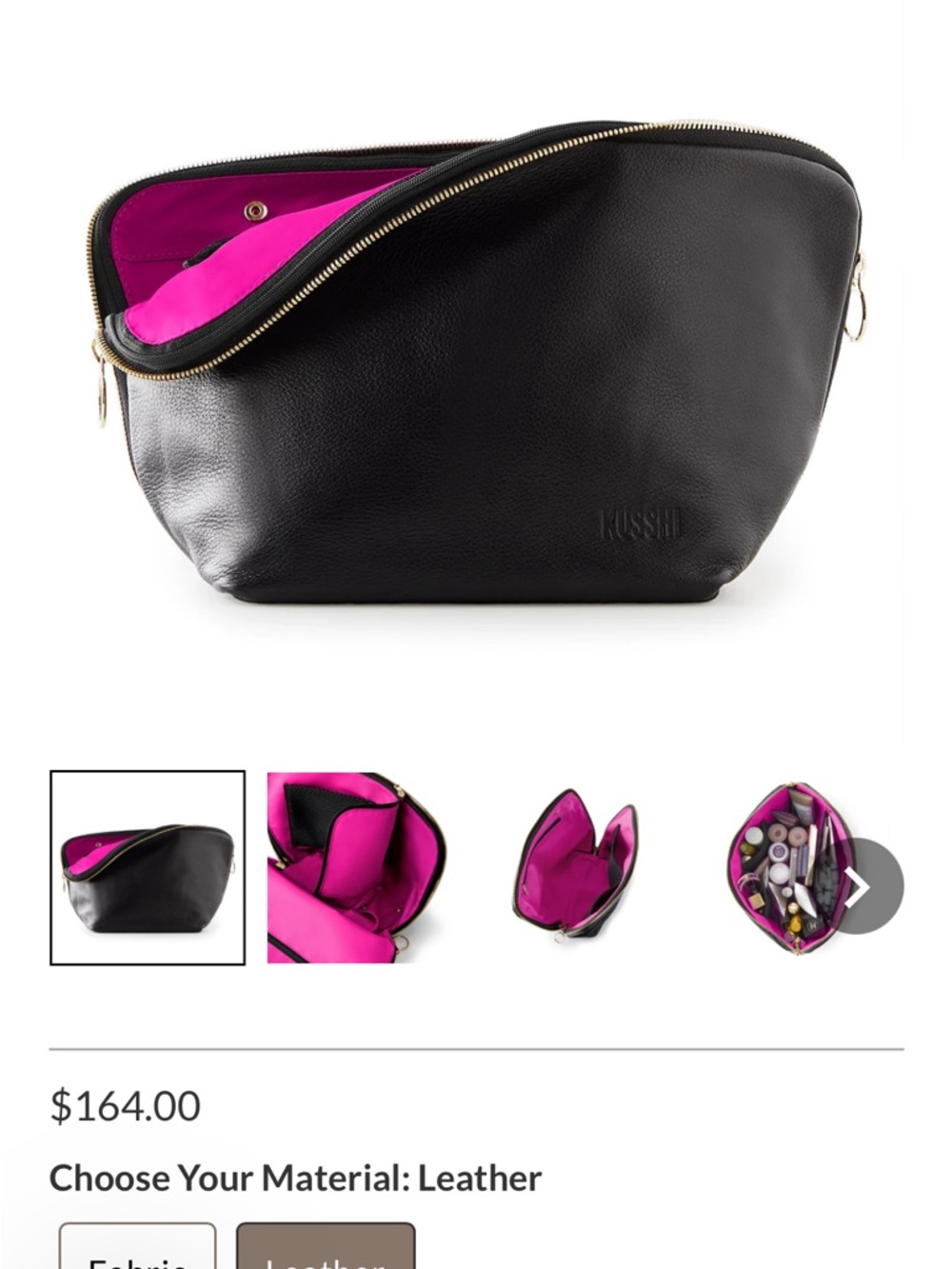 KUSSHI Black Leather Cosmetic Case with Fuchsia Interior